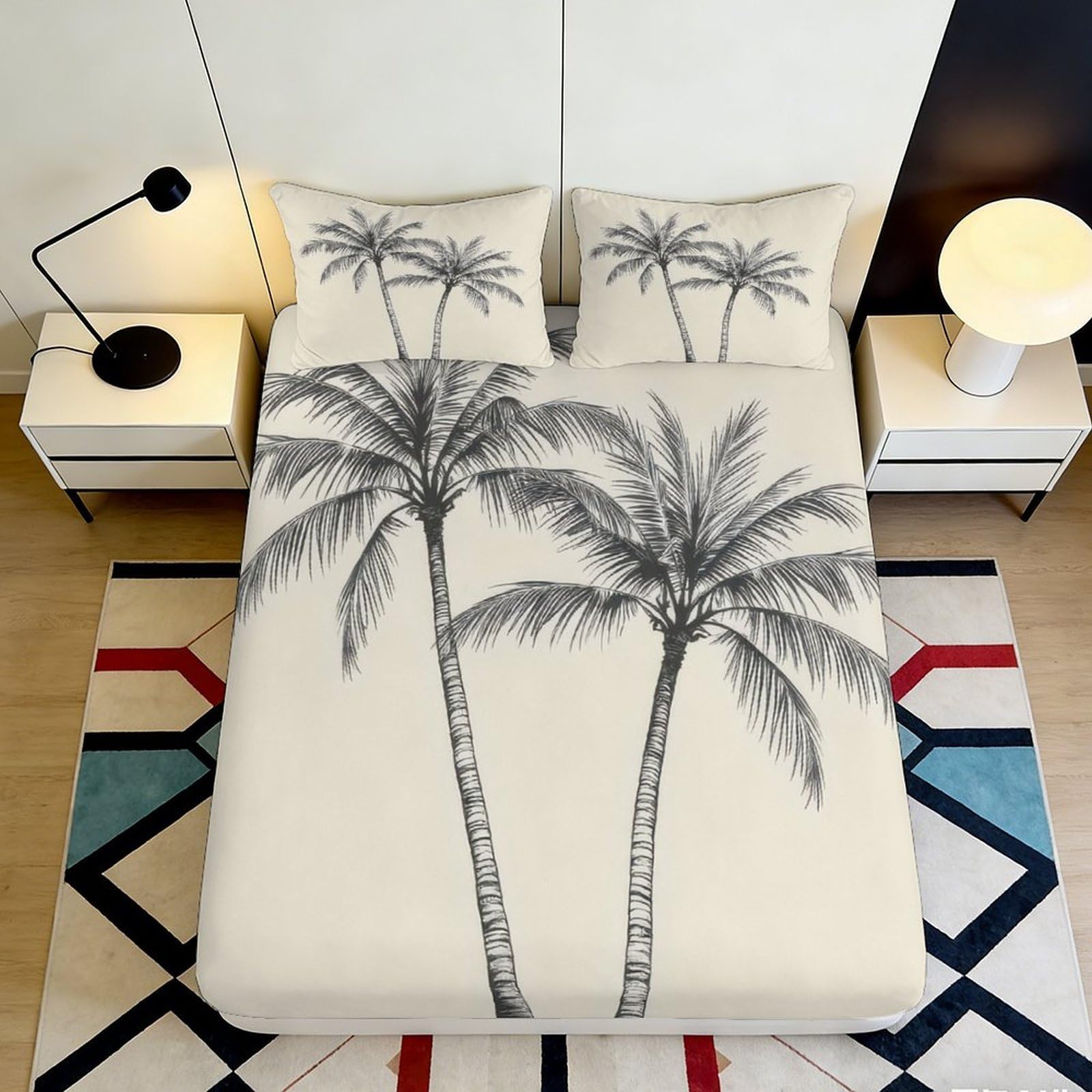 3D Printed Palm Tree Beach Fitted Sheet Microfiber Soft Breathable Tropical Sunset Mattress Cover for Bedroom Decor 90x200x25cm