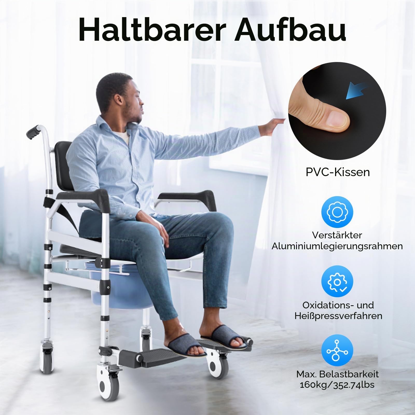Duschstuhl mit Rollen, 46-54cm Höhenverstellbar Faltbar Toilettenstuhl, Rollstuhl für Toiletten mit Armlehnen, Zimmerrollstuhl Tragfähigkeit 160kg mit Abnehmbarer Eimer für Senioren Behinderte