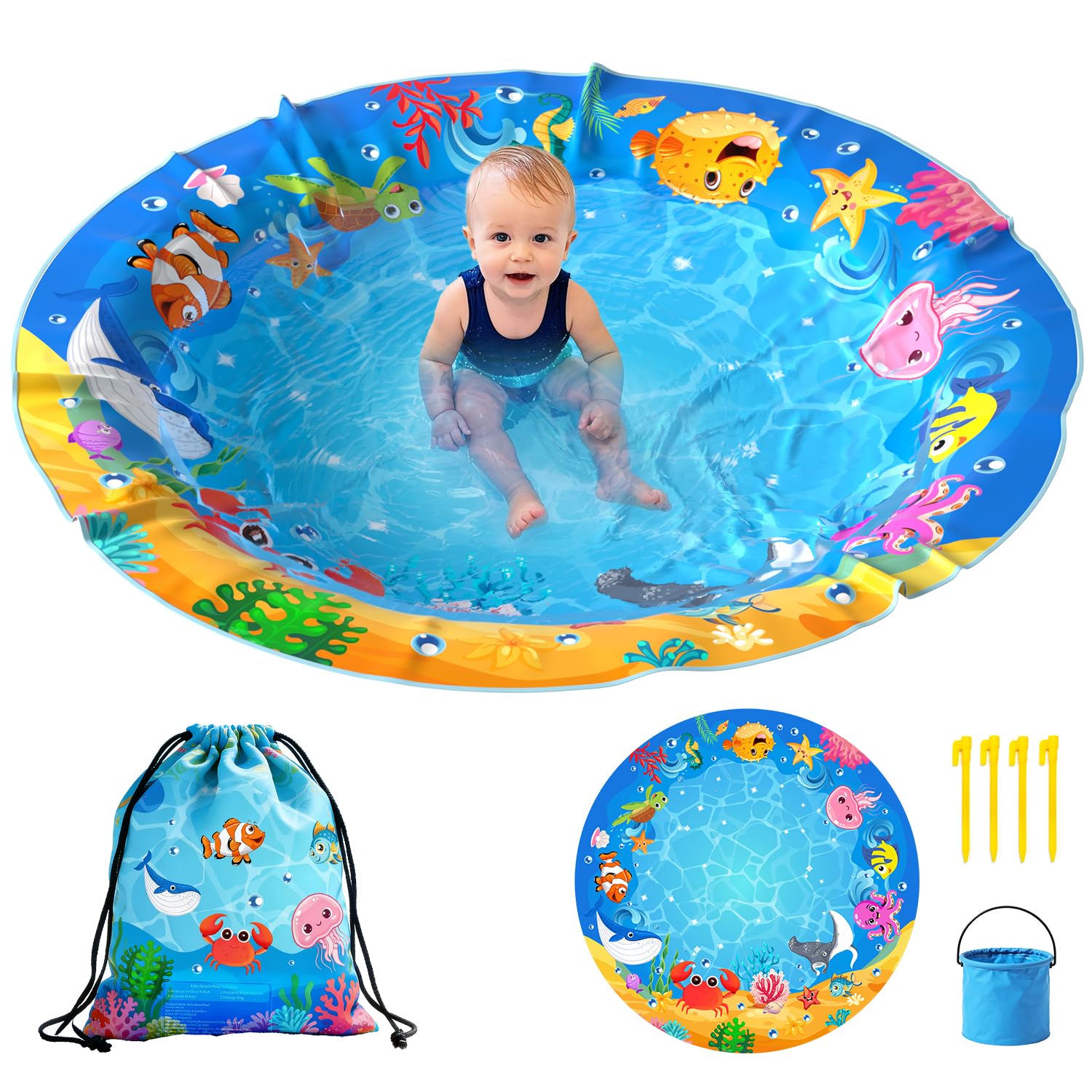 Baby Strand Planschbecken, Tragbares Strand Becken für Kinder, wasserdichte Strand Poolmatte mit Tragetasche, 2 in 1 Stranddecke mit Faltbarem Eimer und Befestigungsnägeln, Planschbecken für Kinder