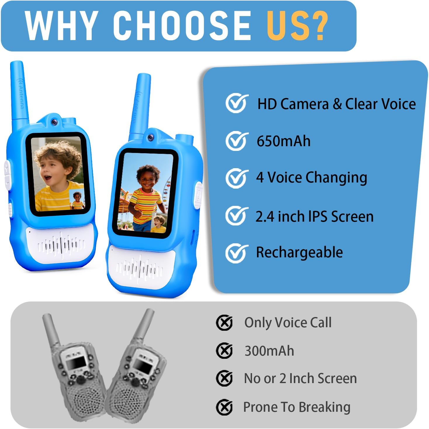 Lapare Video Walkie Talkies for Kids, 2 Pack Rechargeable Walkie Talkies with HD Color Screen, Real-time Video, Outdoor Camping Toys & Birthday Gifts for Boys Age 3-8
