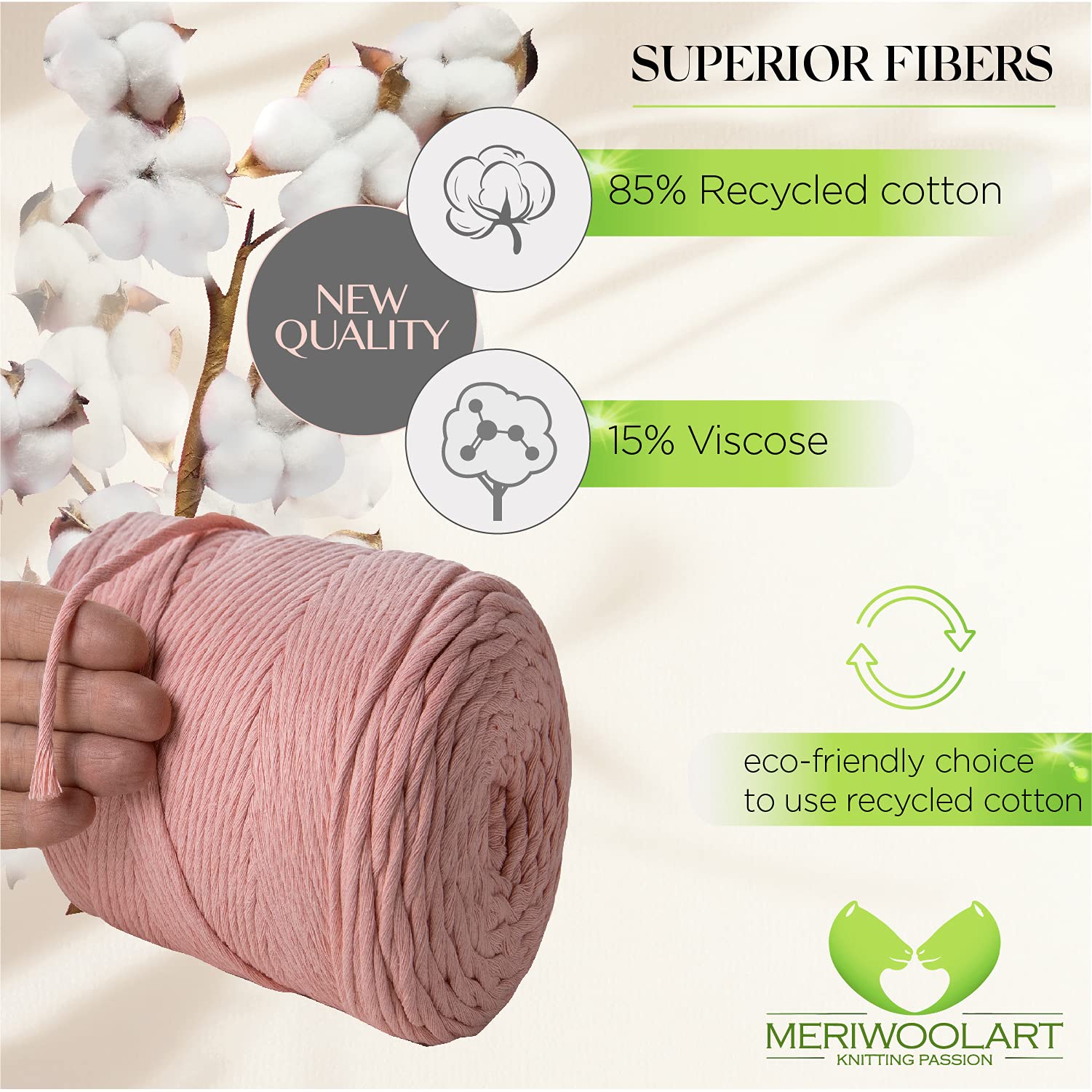 'MeriWoolArt® Natural Macrame Yarn, 4 mm, Colourful, 225 m, Super Soft Cotton Yarn - Image 4