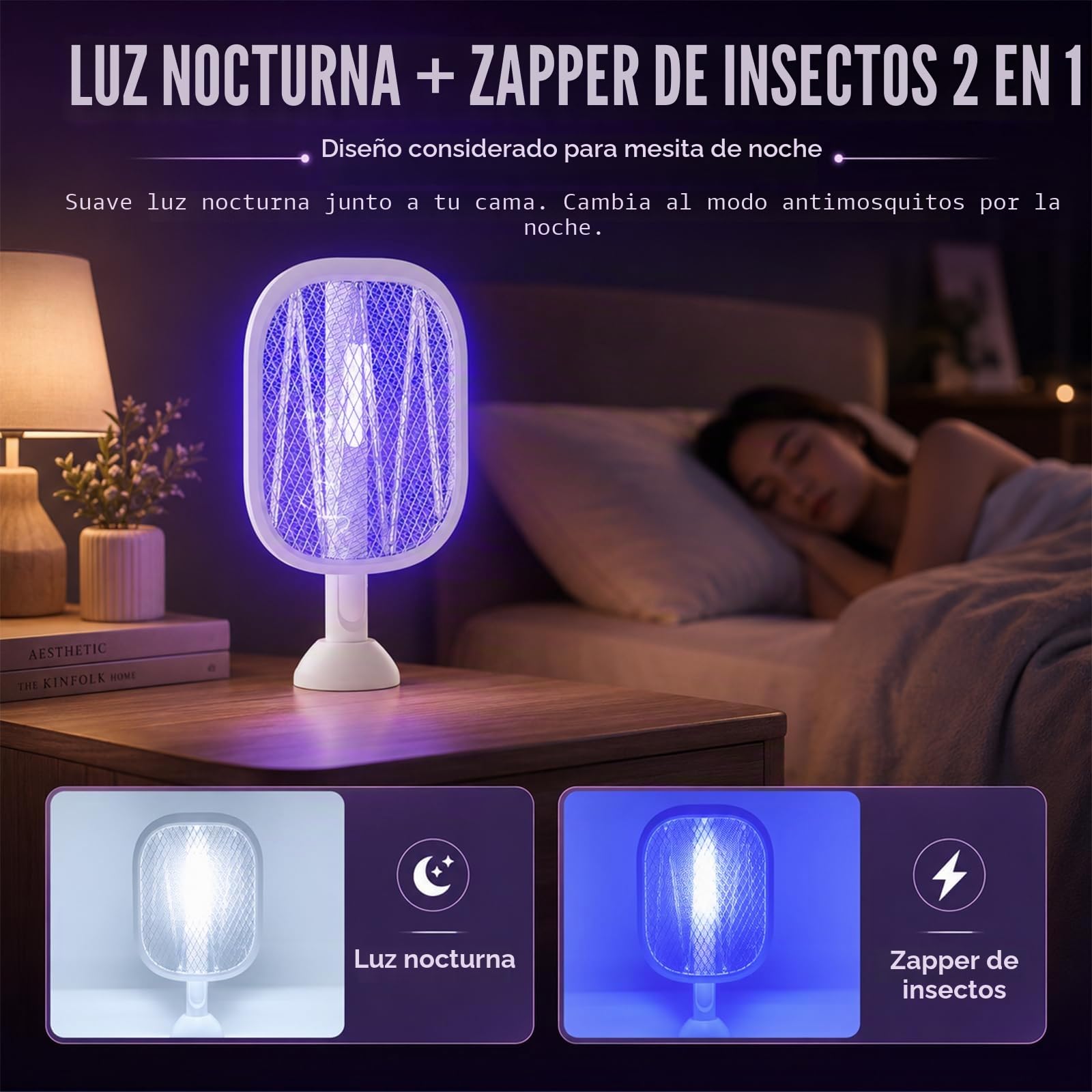 Raqueta Mosquitos Eléctrica Recargable USB-C (Pack de 2), 5000V Matamoscas Eléctrico 2 en 1 con Luz Nocturna, Cabezal Plegable 180° y Mango Telescópico 61-72 cm, 2000mAh, Mata Mosquitos para Interior