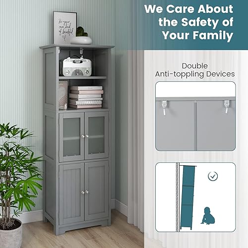 Miniatura 7 de LOKO Armario alto de baño, organizador de almacenamiento moderno con puertas y estantes abiertos, armario de piso de madera con estantes ajustables