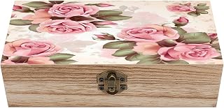 Rose Floral Wooden Storage Box Vintage Jewelry Box | Natural Wood Keepsake Storage Boxes with Hinged Lid Decorative Rustic Organizer for Home Decor, Crafts, Rings, Gifts