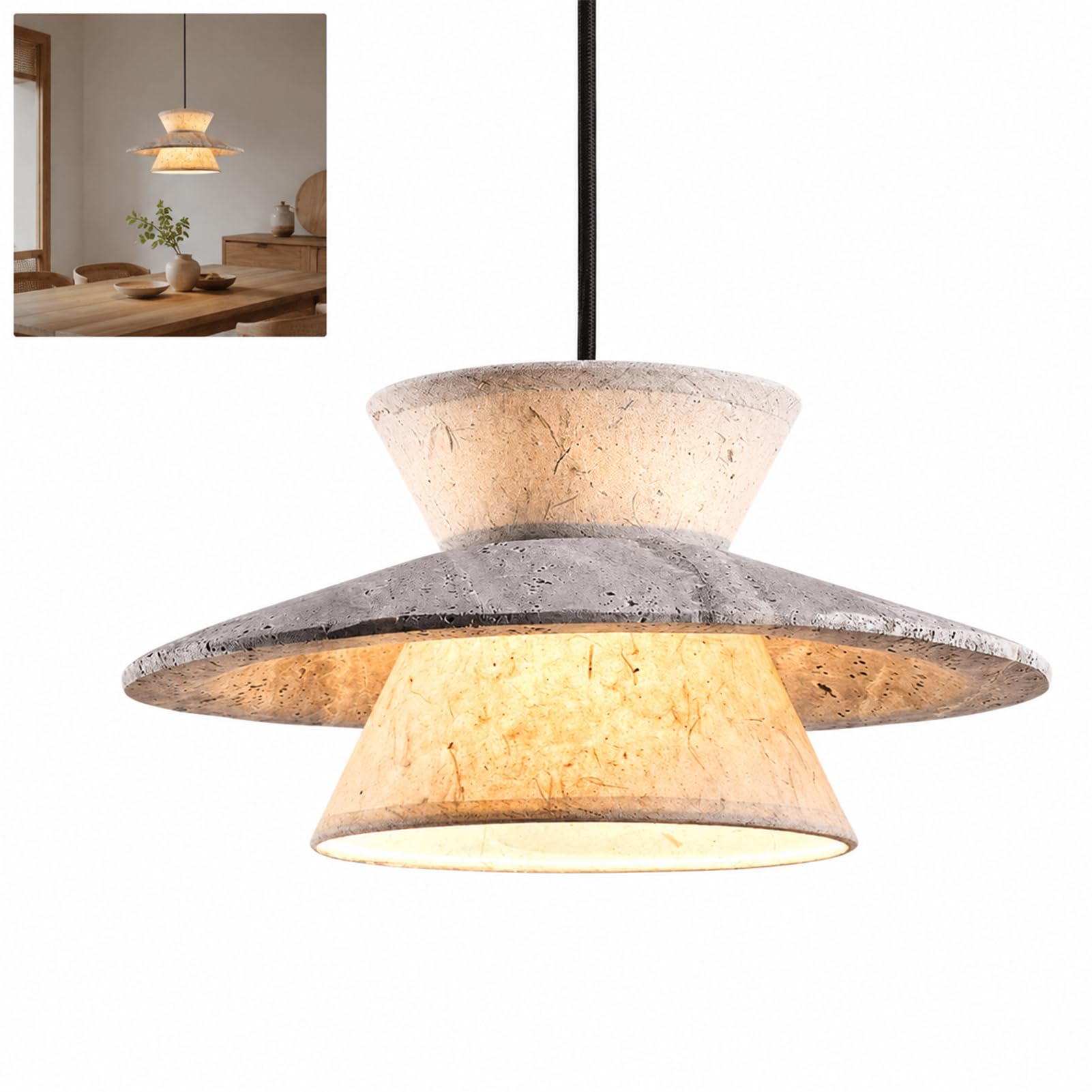 GnathicHOME Bedroom Bedside Chandelier Medieval Zen Teahouse Homestay Restaurant Song Dynasty Aesthetics Handmade Xuan Paper Silver Grey Cave Stone Chandelier (30 * 184cm,Black)