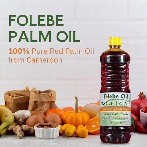 Folebe Oil 1L 100% Pure Natural Red Palm Oil Authentic Cameroonian Palm Oil for Cooking Cold-Pressed from Palm Pulp Rich in Nutrients, Carotenoids, Natural Vitamin E