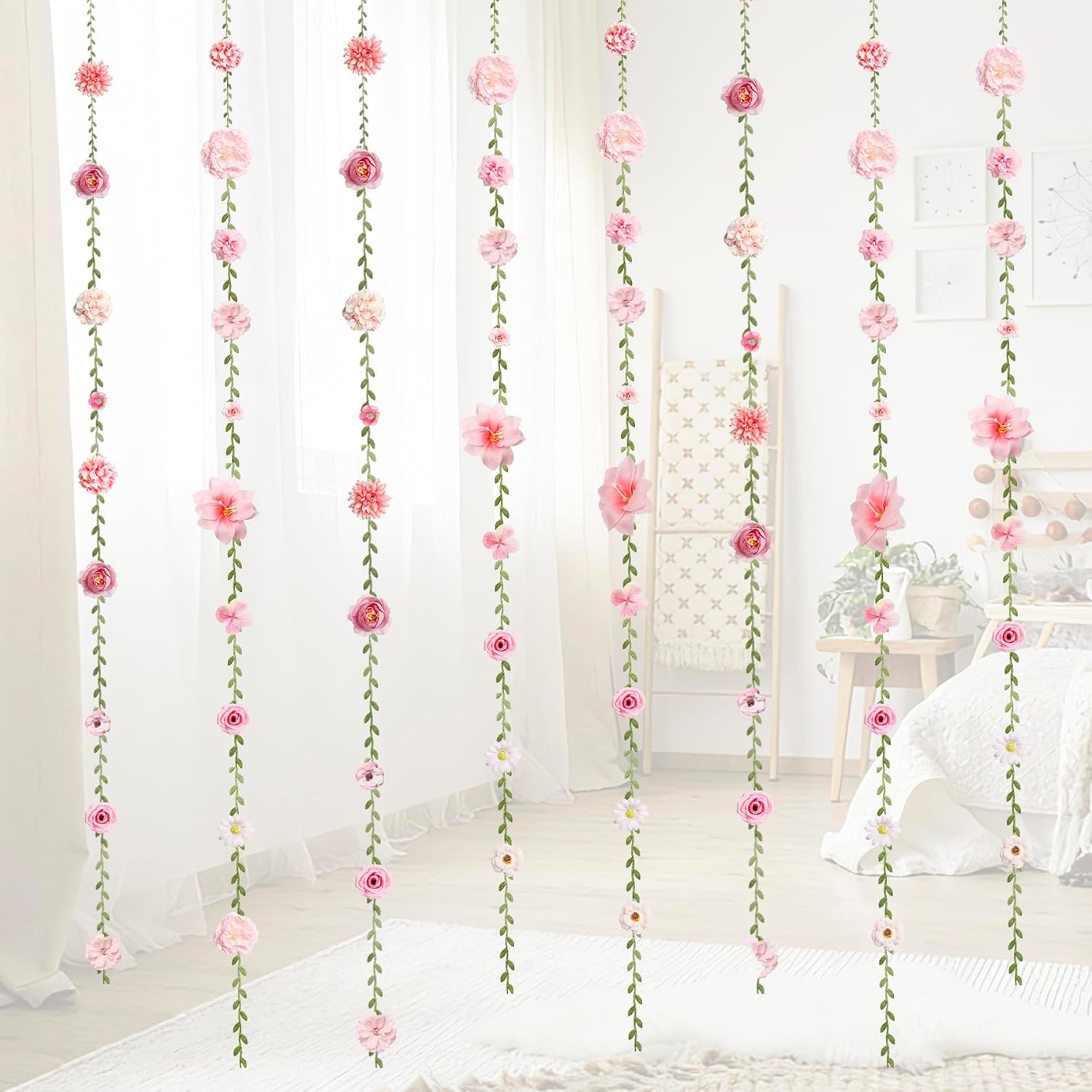 6 PCS Artificial Flower Garlands Hanging Decorations, Floral Hanging Backdrop Wildflower Banner with Hooks Spring Party Decorations for Wedding Party Birthday Anniversary Arch Decor (White)