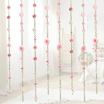 6 PCS Artificial Rose Flowers Hanging Decorations, Flower Hanging Garland Banner for Wedding Party Background Birthday Anniversary Arch Decor Green Leaves