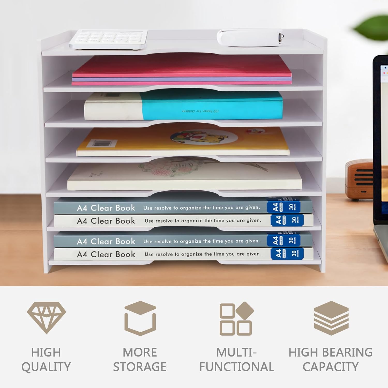 SONGWAY File Organizer for Desk - 7 Tier Wide Document Holder, Letter Mail Tray Storage Rack, A4 Paper Storage Holder, Desktop Organizer for Home Office School, White