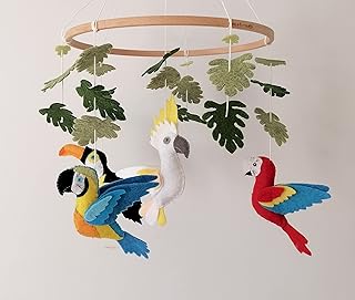 Parrot Baby Mobile,Tropical Nursery Mobiles Felt, red blue Macaw white parrot cockatoo toucan Cot Mobile,Handmade Mobile, Mobiles Nursery Decor,Tropical Birds Mobile,Baby Shower Gift