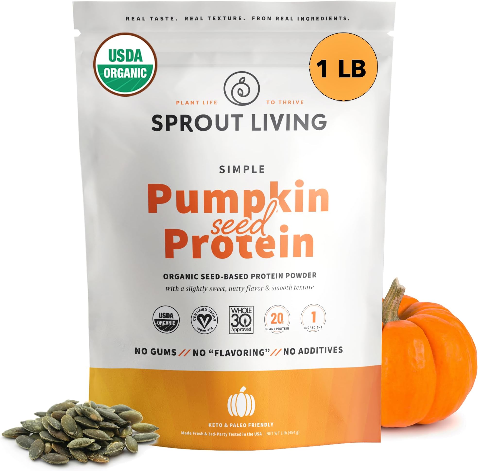 Sprout Living Organic Pumpkin Seed Protein Powder, Unflavored, 20 Grams of Plant Based Protein Powder Without Artificial Sweeteners, Non Dairy, Non-GMO, Vegan, Gluten Free (1 Pound, 15 Servings)
