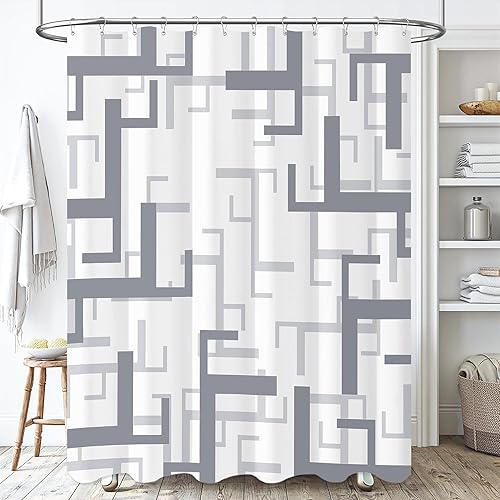 BTTN Cortina de ducha gris y gris, juego de cortina de ducha de tela geométrica con 12 ganchos de metal, repelente al agua, lavable a máquina,