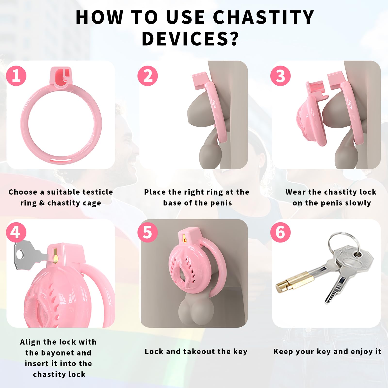 Cage de Chasteté pour Pénis de Sissy Sex Toýs Homme Cage de Pénis avec Serrure Dissimulée et 6 Anneaux Différents Petite Chastity Cage en Silicone avec Cathéter pour Bondage le Pénis (Pink,A)