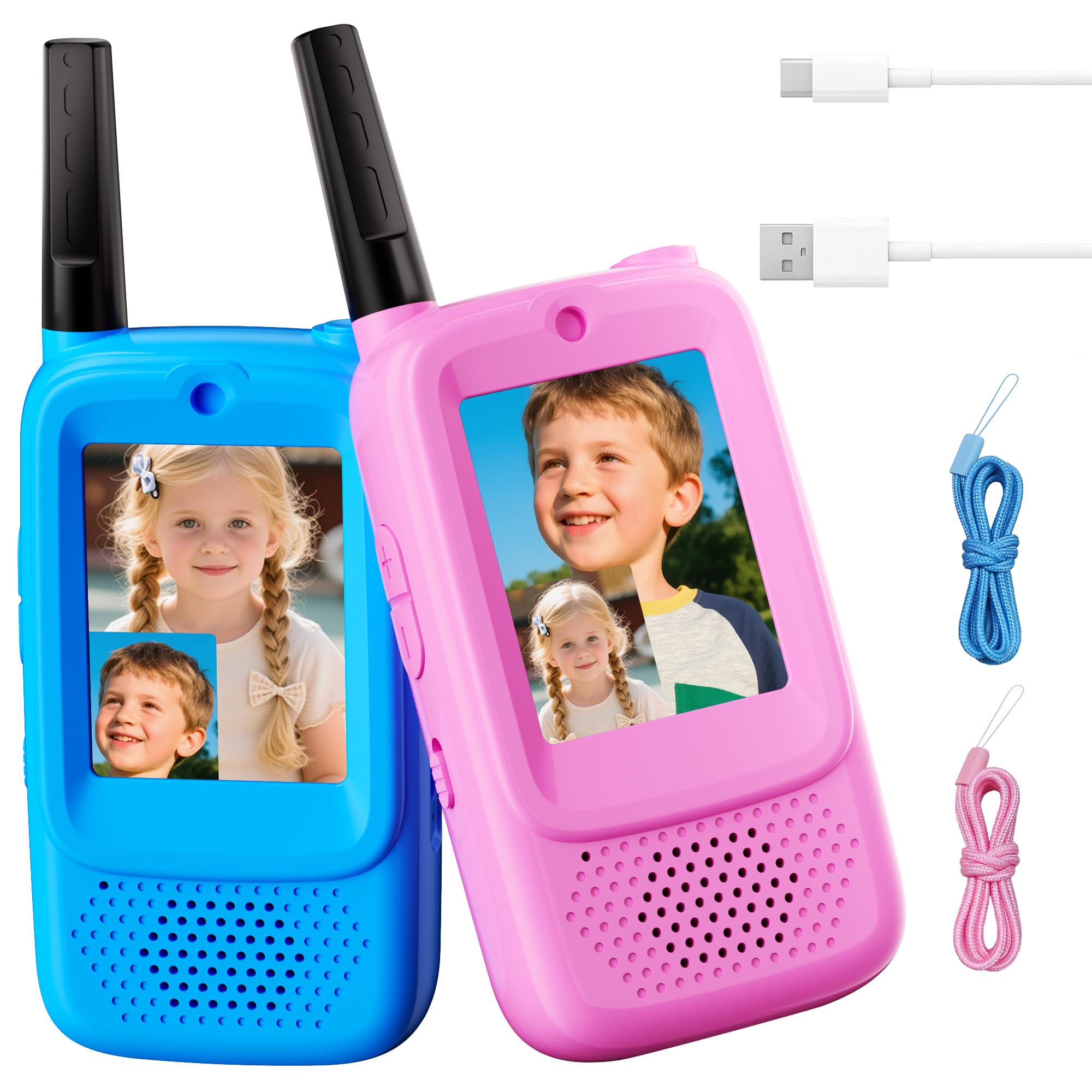 Video Walkie Talkies for Kids, 2-Pack Rechargeable Walkie Talkies with Camera, Long Range Two-Way Radios for Boys & Girls Ages 3–12, Indoor Outdoor Play, Camping & Birthday Gift (Blue/Pink)