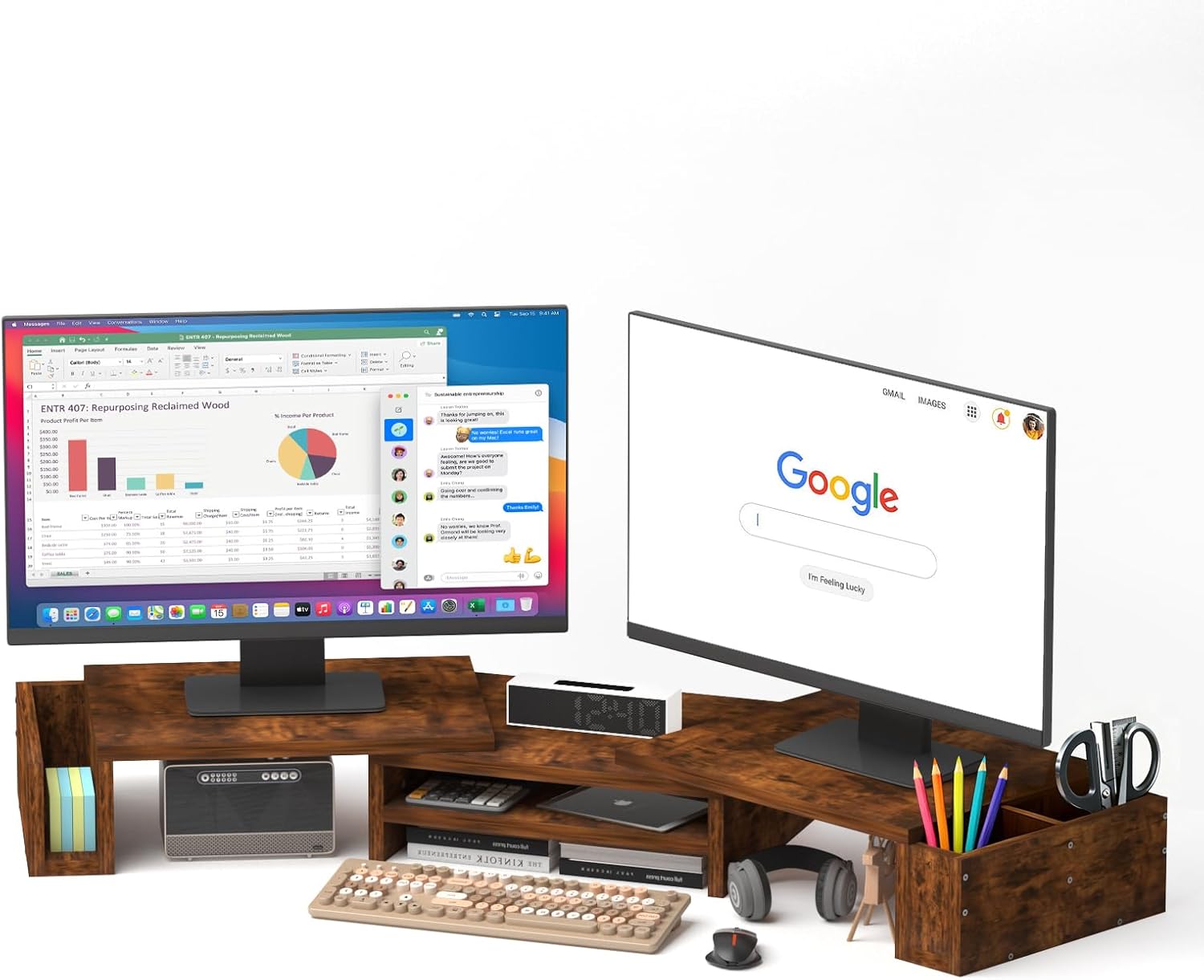 Wood Dual Monitor Stand Riser, Desk Organizers and Accessories with Storage Pen Holders, Adjustable Length and Angle 3 Shelf Extra Long 46" Desktop Organizer for 2 Monitors, Computer, Laptop, TV,Rustic Brown (Triple)