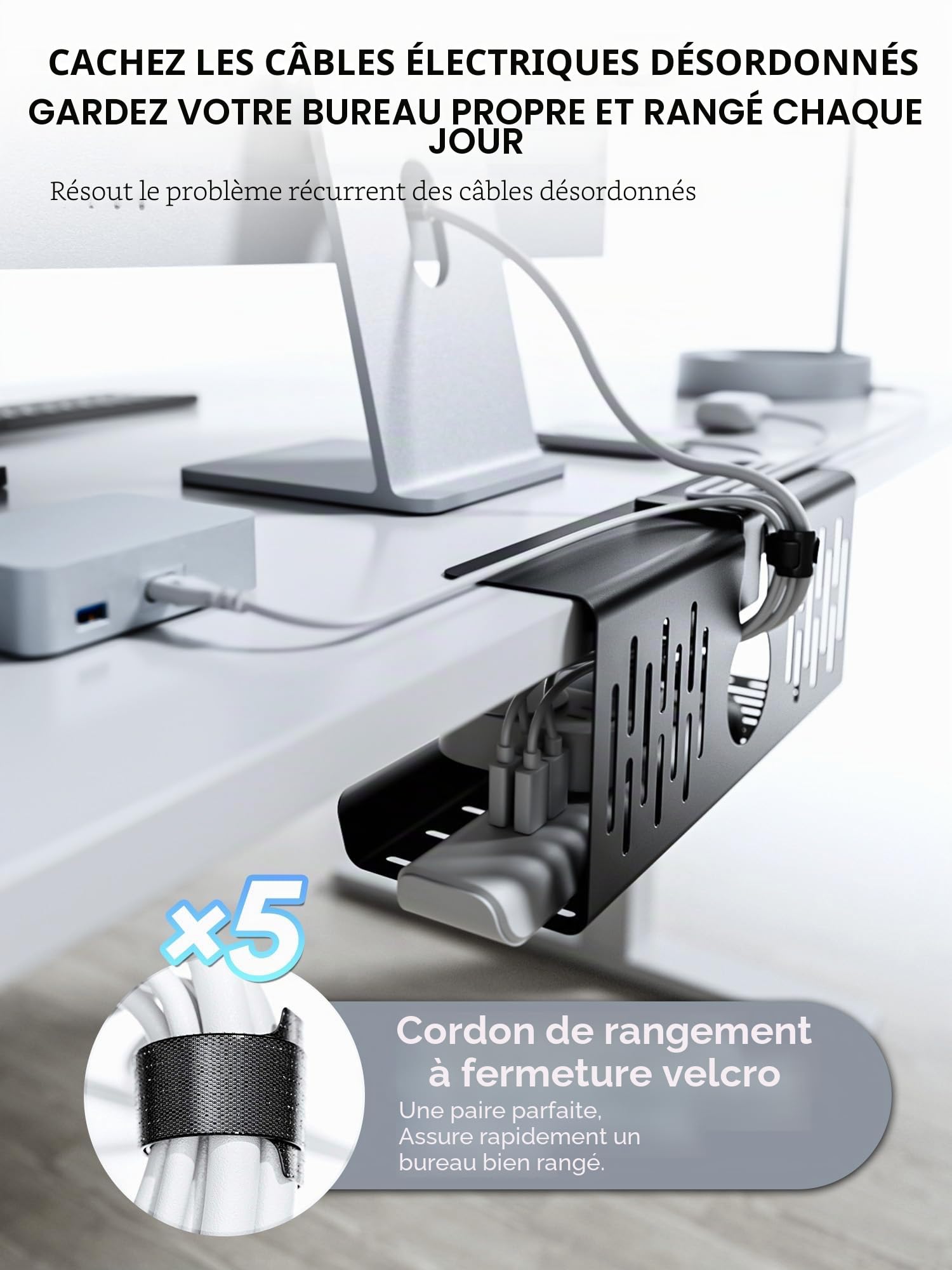 NODOCA Gestion des câbles sous le bureau, sans perçage, gestion des câbles, support de câbles, bureau, panier de câbles pour gérer les câbles et les multiprises - 35 × 13 × 12 cm, noir (lot de 2)