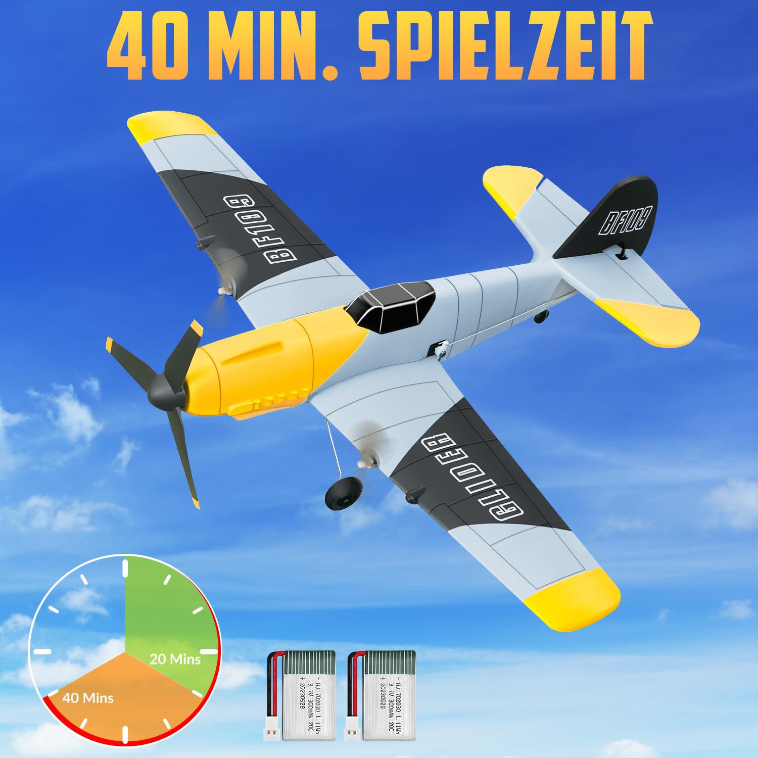 HAWK'S WORK 3-Kanal-RC-Flugzeug BF-109, Ferngesteuertes Flugzeug, flugbereit, 2.4GHz 6-Achsen Gyro Stabilisator, Einfach zu fliegen für Kinder und Anfänger