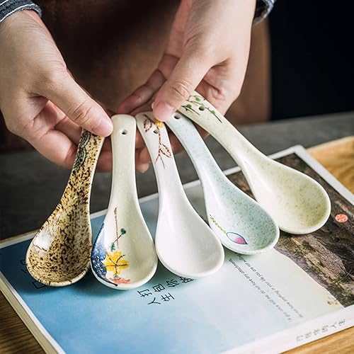 Miniatura 4 de Juego de 5 cucharas de sopa de cerámica con asas largas, cucharas de sopa de porcelana asiáticas pequeñas para fideos Pho Ramen, Wonton Dumpling Rice