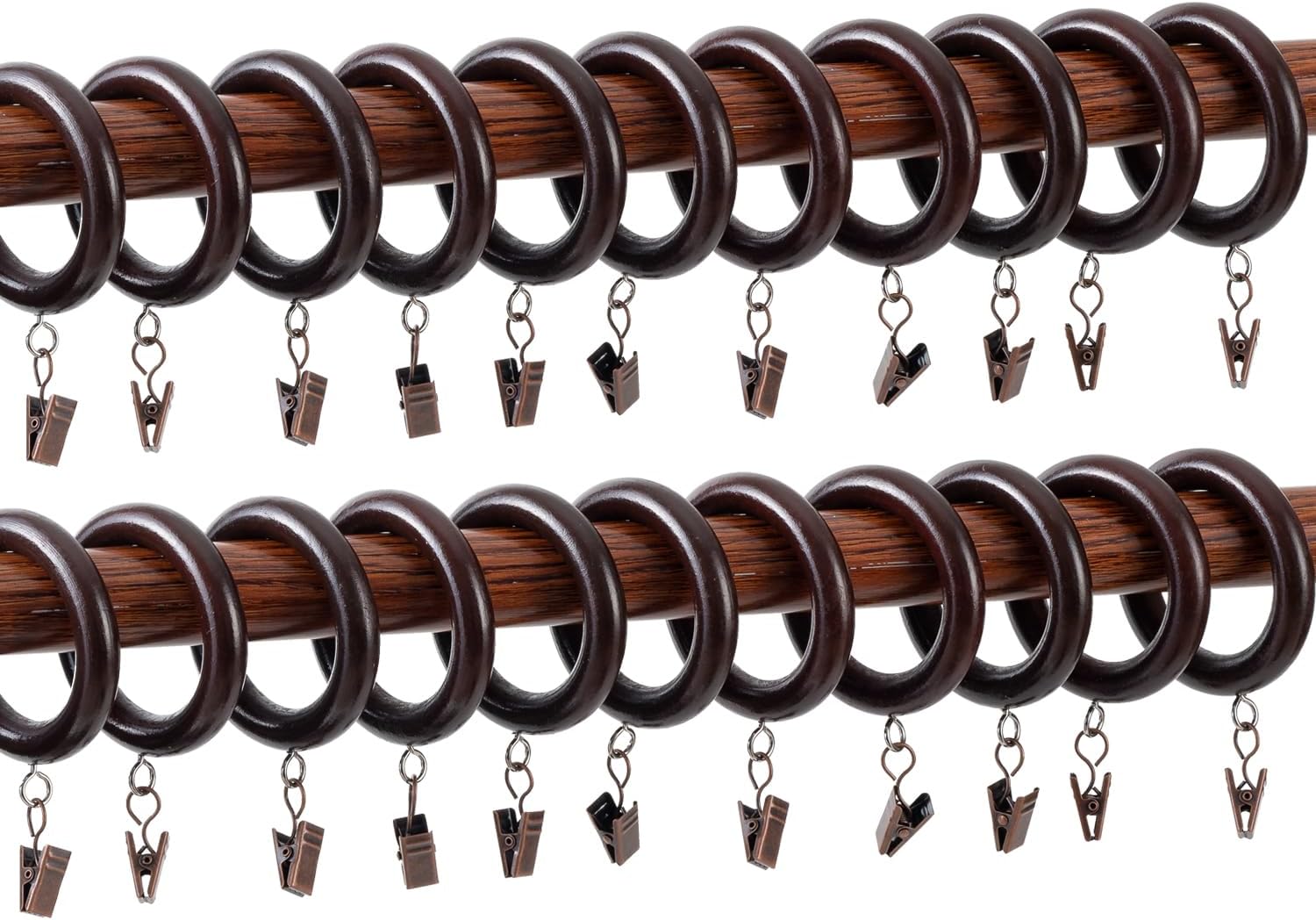 Natural Brown Beechwood Curtain Rings with Clips, 2.76" Outer/1.77" Inner Diameter for 1.1-1.6 Inch Rods, Rustic Farmhouse Drapery Rings, Smooth Finish for Home Decor (Pack of 24)