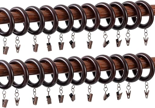 Natural Brown Beechwood Curtain Rings with Clips, 2.76" Outer/1.77" Inner Diameter for 1.1-1.6 Inch Rods, Rustic Farmhouse Drapery Rings, Smooth Finish for Home Decor Pack of 24