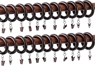 Natural Brown Beechwood Curtain Rings with Clips, 2.76" Outer/1.77" Inner Diameter for 1.1-1.6 Inch Rods, Rustic Farmhouse Drapery Rings, Smooth Finish for Home Decor (Pack of 24)