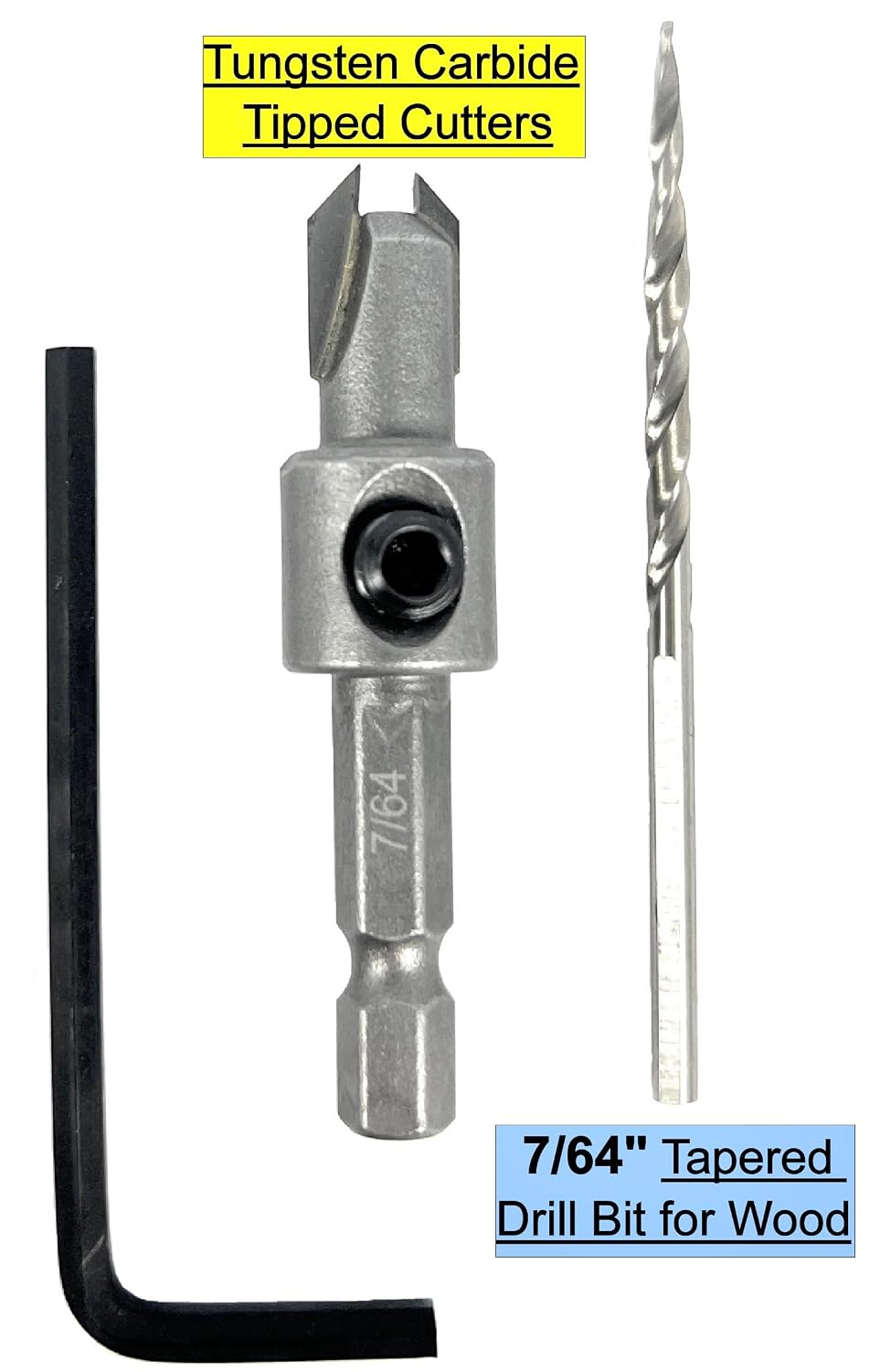 FTG USA 3 Pc #4 (7/64") Tungsten Carbide Tipped Countersink Drill Bit with Tapered Drill Bit, 1/4" Hex Shank Quick Change for Woodworking with Storage Box