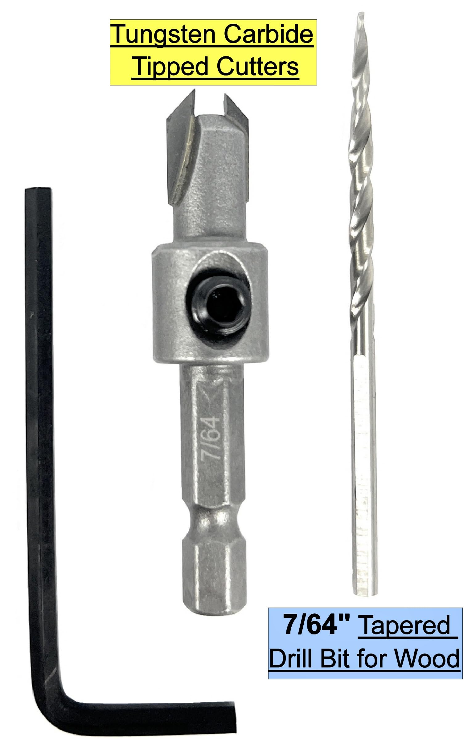 FTG USA 3 punte da trapano con punta in carburo di tungsteno #4 (7/64") con punta da trapano conica, codolo esagonale da 1/4", cambio rapido per la lavorazione del legno, con scatola portaoggetti