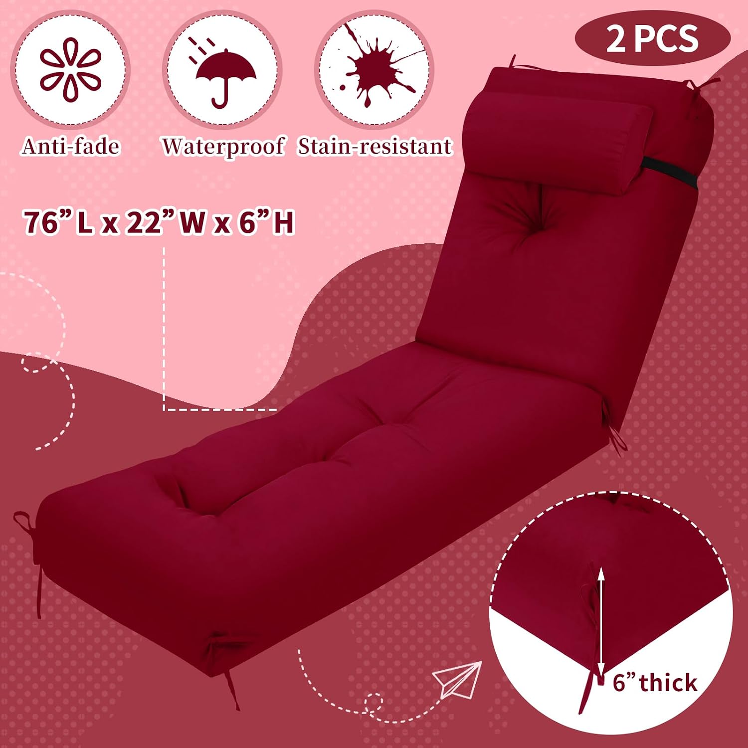 Condition photo showing As Is for wenqik set of 2 outdoor chaise lounge cushions 76 x 22 x 6 inch waterproof patio furniture chaise cushion with headrest pillow thick tufted lounge pad for lawn pool hotel(brick red)