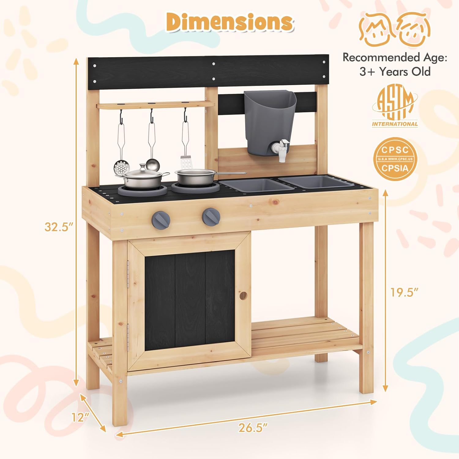 Costzon Mud Kitchen, Wooden Kids Kitchen Playset with 2 Removable Sinks, Faucet, Stoves, Cooking Accessories, Mud Table with Blackboard, Storage Shelf, Outdoor Play Kitchen for Kids (Natural)