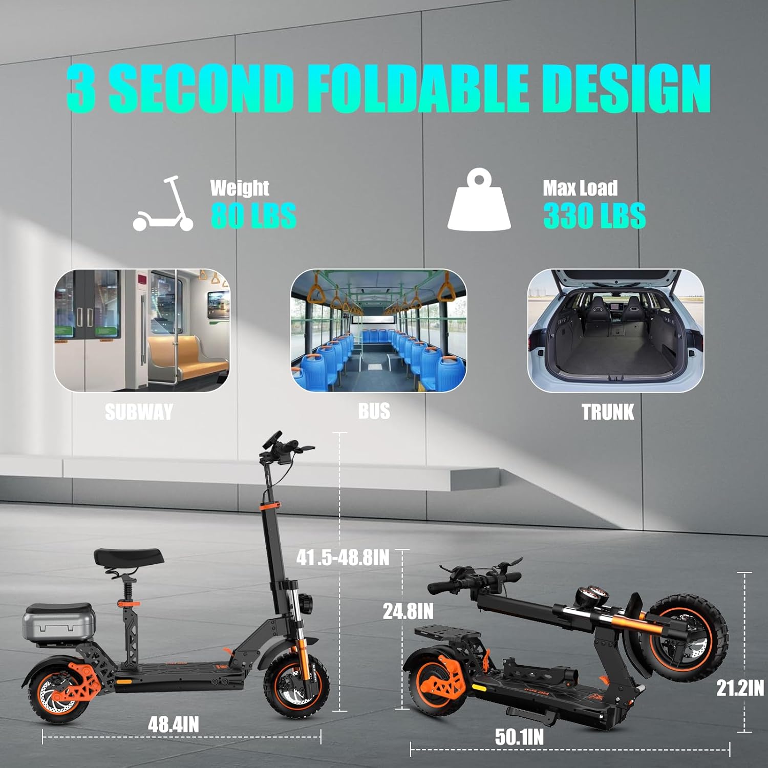 Bikydom M5 Pro Electric Scooter folded and unfolded with dimensions