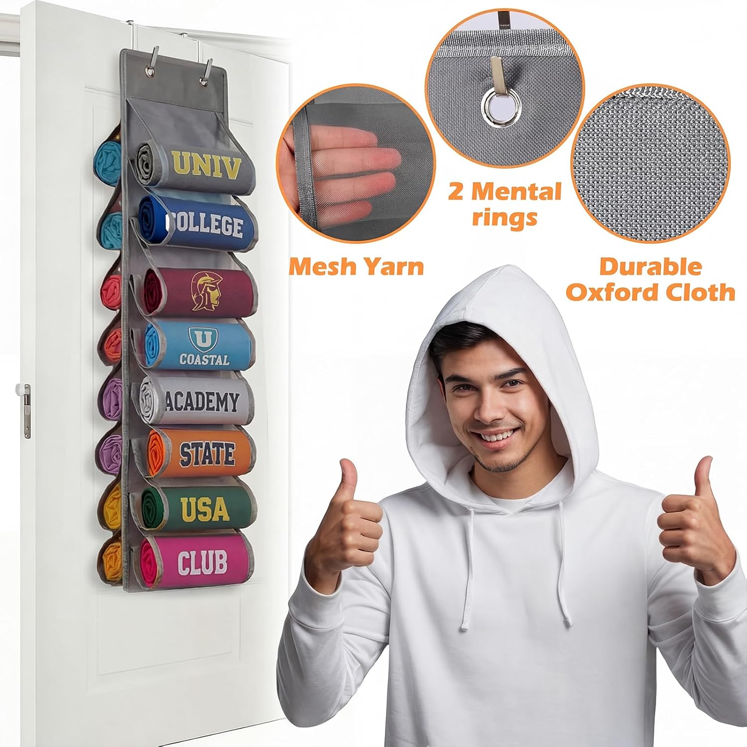 Over Door Hoodie Organizer 16 Hoodies, Gray, 34.6 Inch, 2 Hooks image 3
