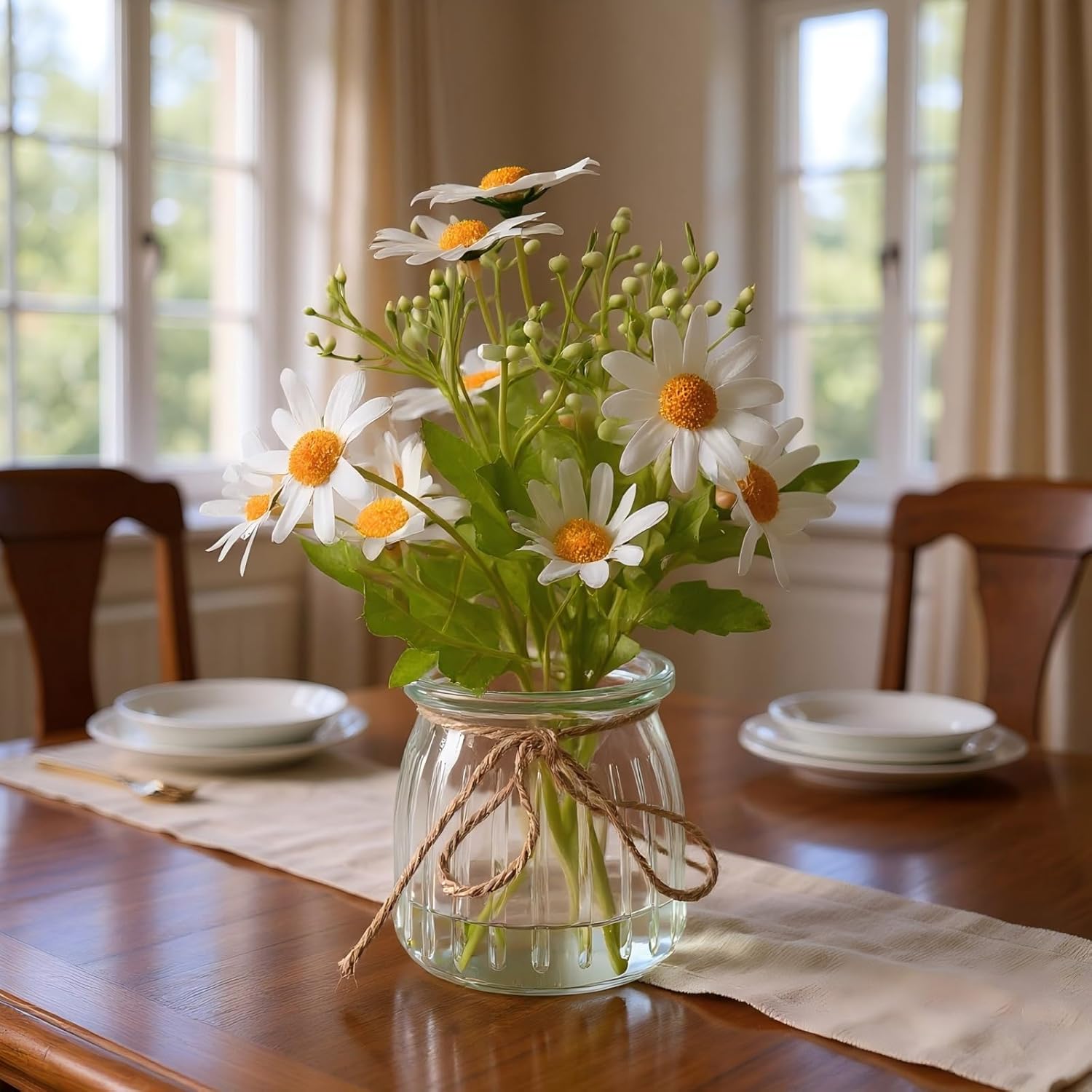 Set of 2 Artificial Daisy Flowers with Glass Vases - Realistic Fake Flowers, Flexible Silk Stems, Perfect for Home Offices, Living Room Tables, Windowsills & Wedding Decor. - Image 4