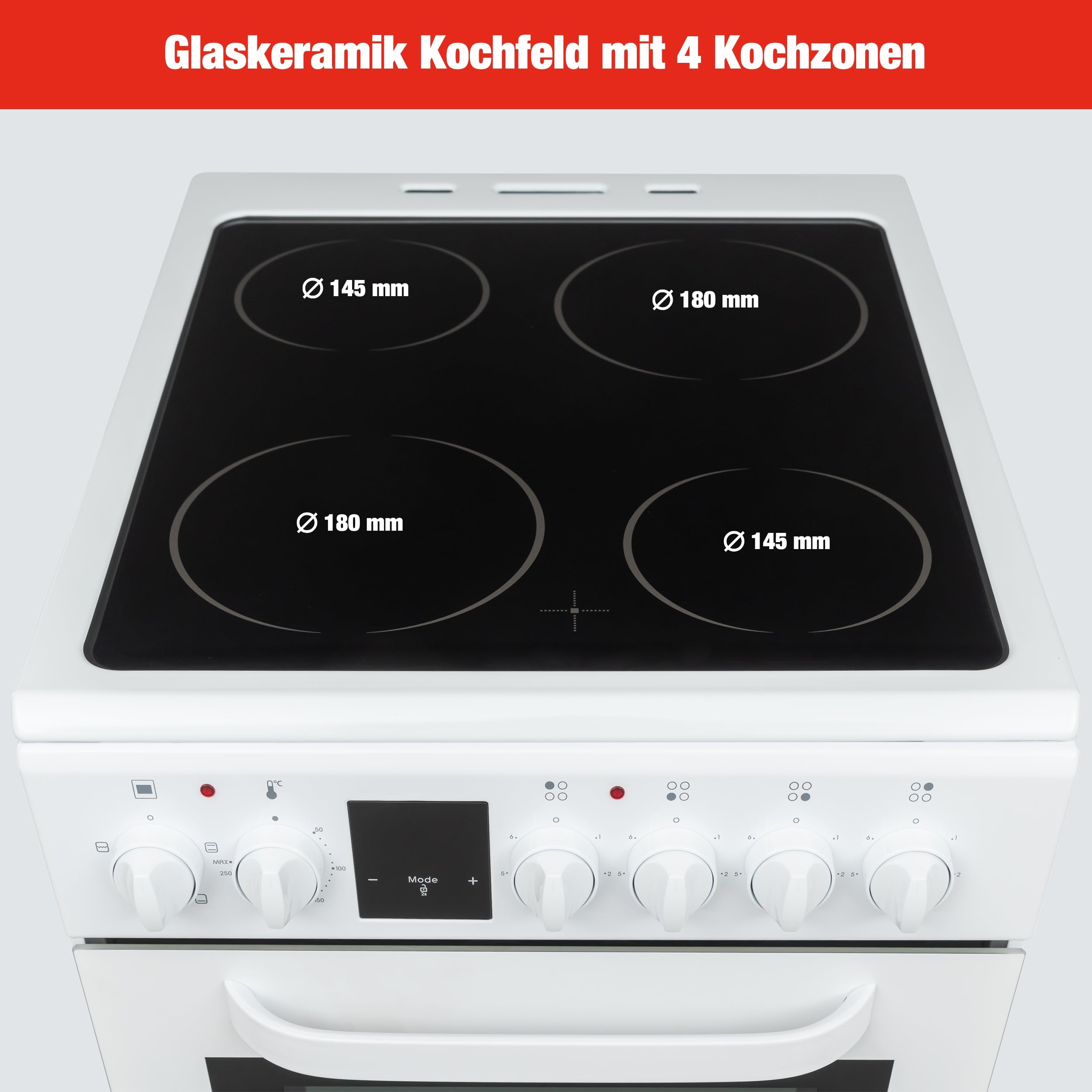 Telefunken Standherd mit Glaskeramik-Kochfeld | Elektroherd freistehend 50 cm breit | Herd mit Backofen und Kochfeld | 55 Liter | 5 Betriebsarten | 4 Kochzonen | LED-Display | EEK A | Weiß | BSHC55AI