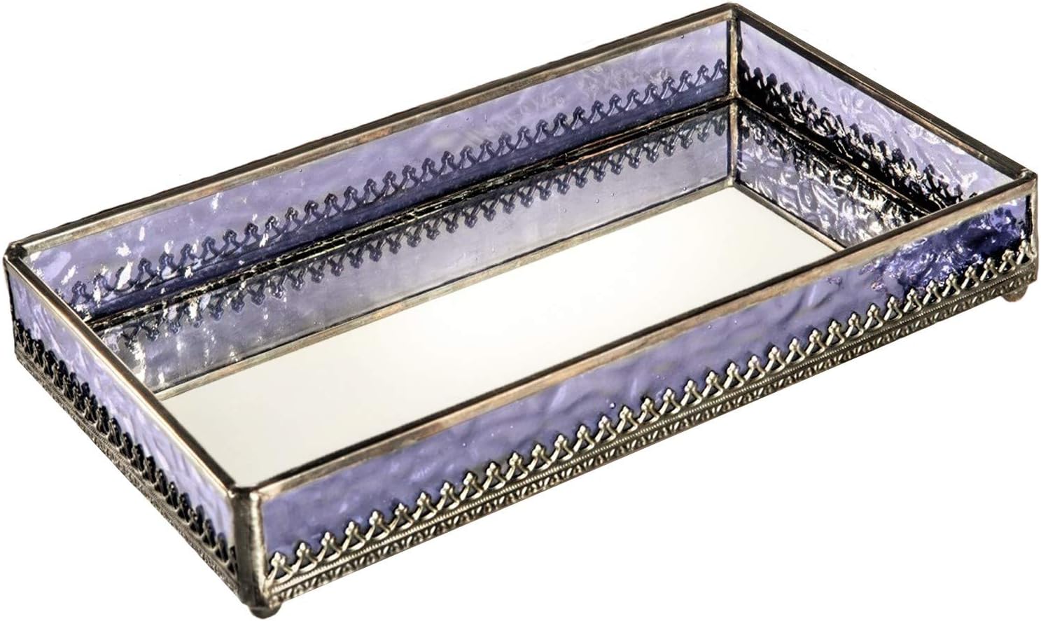 Purple Stained Glass Vanity Tray – Handcrafted Jewelry and Cosmetics Organizer by J Devlin Glass Art – Mirrored Bottom & Filigree Trim