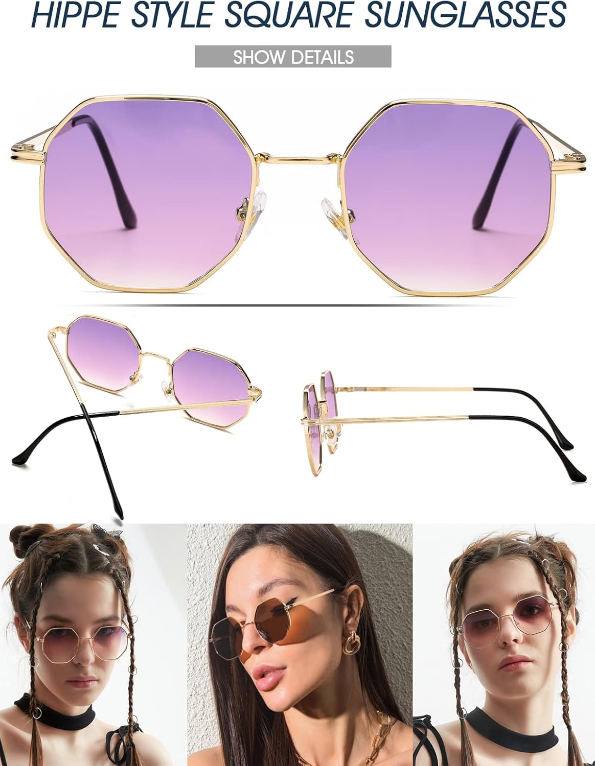 PORADAY Square Sunglasses for Women Men Retro Octagon Metal Sun Glasses Vintage Polygon Shades - Image 5