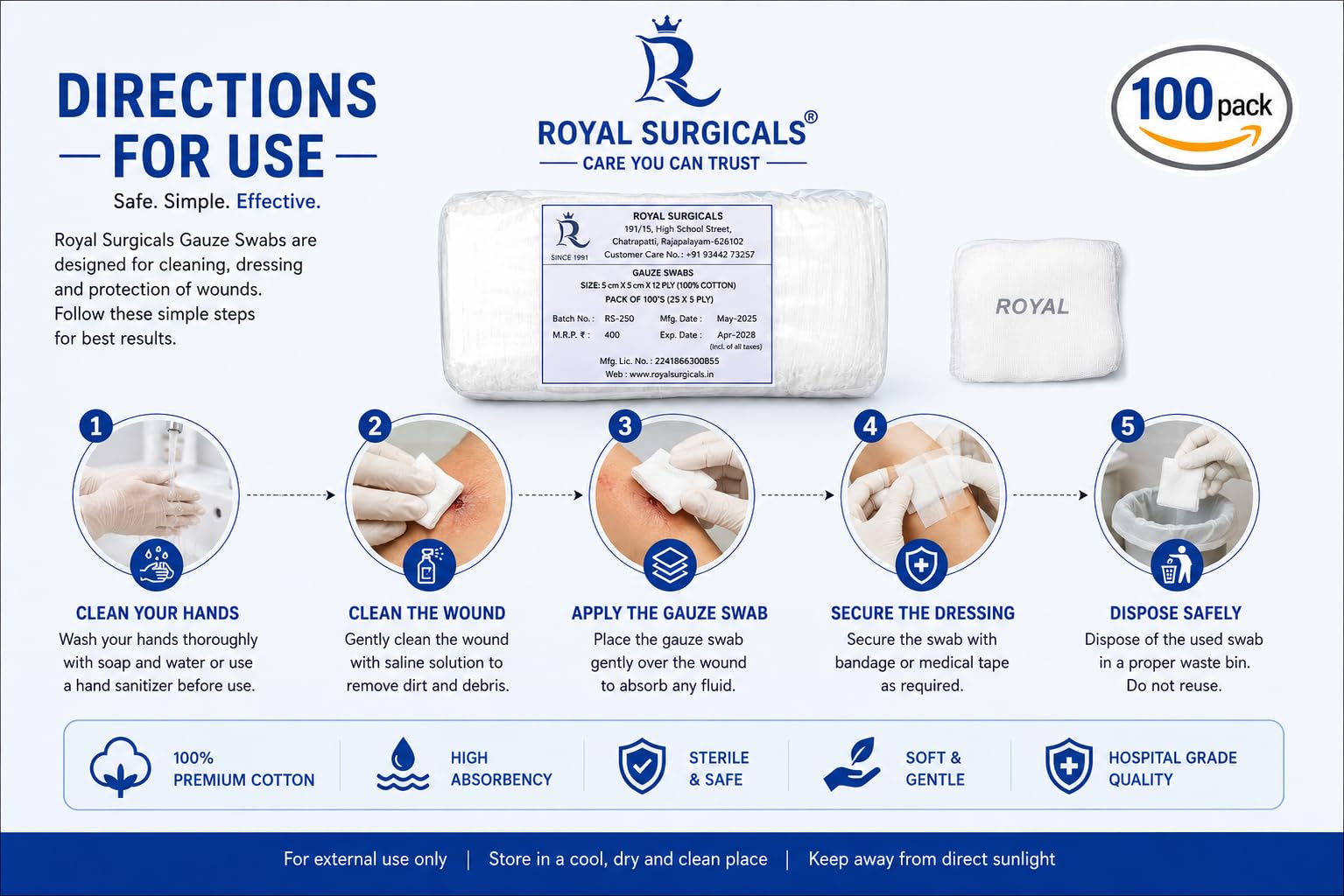 ROYAL SURGICALS Gauze Swabs 5cm x 5cm, 12-Ply (Pack of 100) - Soft, Absorbent Cotton for Wound Cleaning, Makeup Application & Medical Use 4