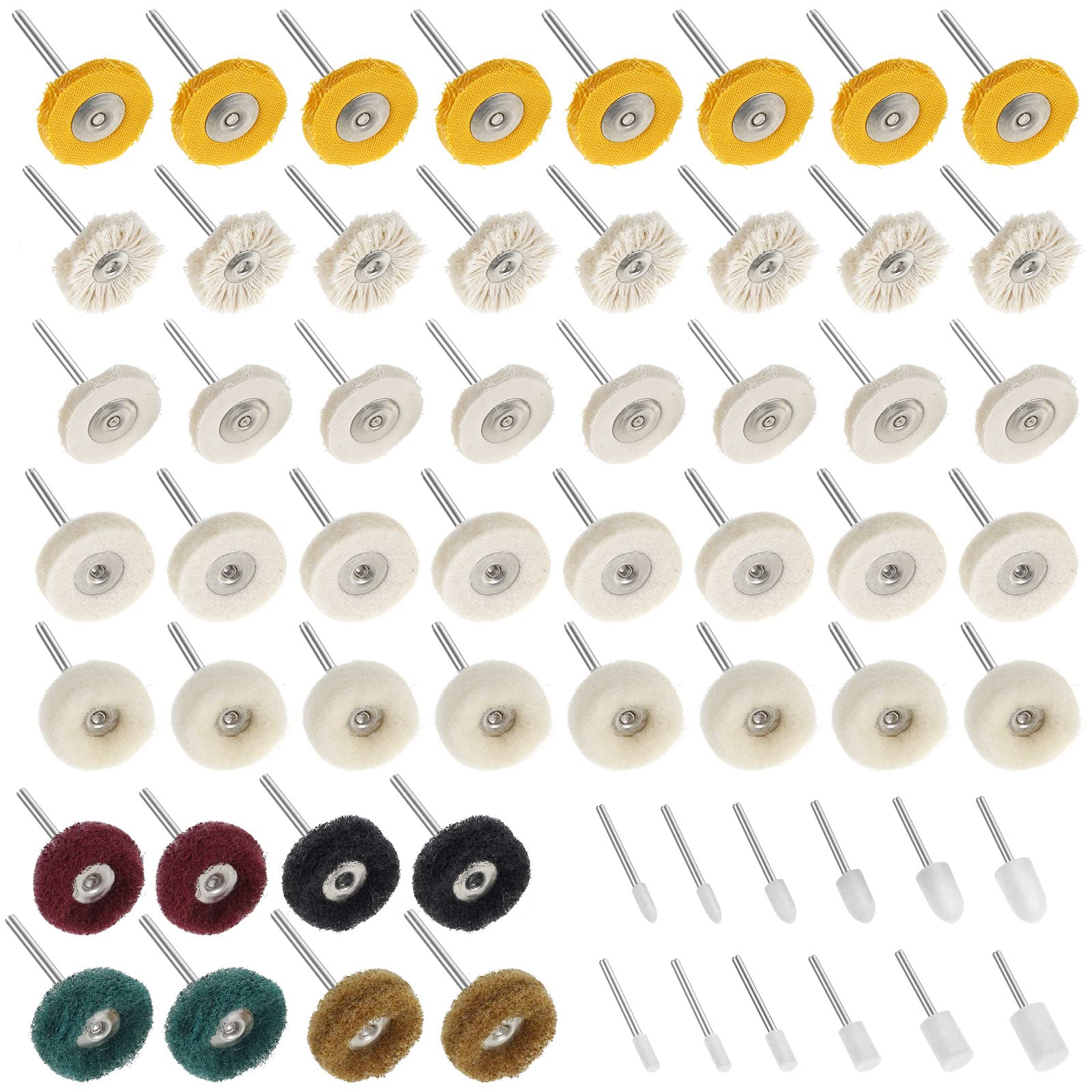 KMUXEJ 58Pcs Polishing Buffing Wheel Set Anti-Scratch Abrasive Buffing Wheel Set with 1/8 Inch Shank Wear Resistant Brush Polishing Kit Rotary Tool Accessories for Wood Plastic Jewelry Metal WG