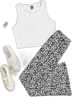 طقم ملابس للنساء مكون من قطعتين مكون من توب كات سادة وسروال بطبعة زهور