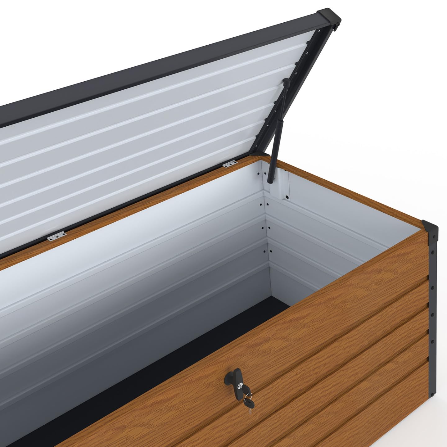 IDMarket - Coffre de rangement métal verrouillable effet bois et gris pour jardin 600L 165x70x63 cm
