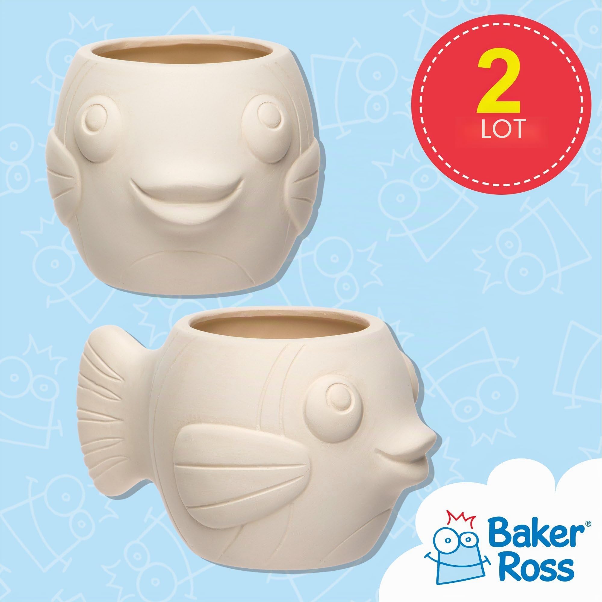 Baker Ross AR523 Lot de 2 Pots de Fleurs en céramique prêts à Peindre pour Enfants en Forme de Poisson