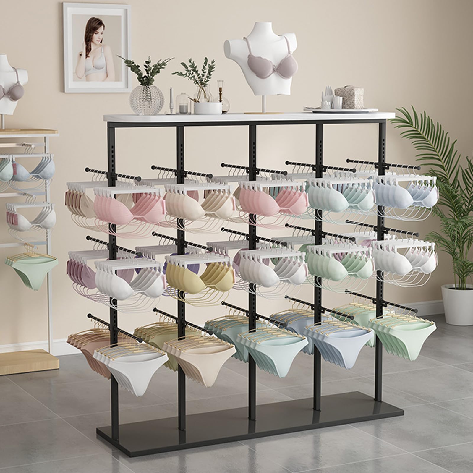 DETMOL Three-tier adjustable lingerie display stand, freestanding metal hangers for clothing stores, storage stand for bras, panties and scarves, hanger display stand for retail stores and boutique