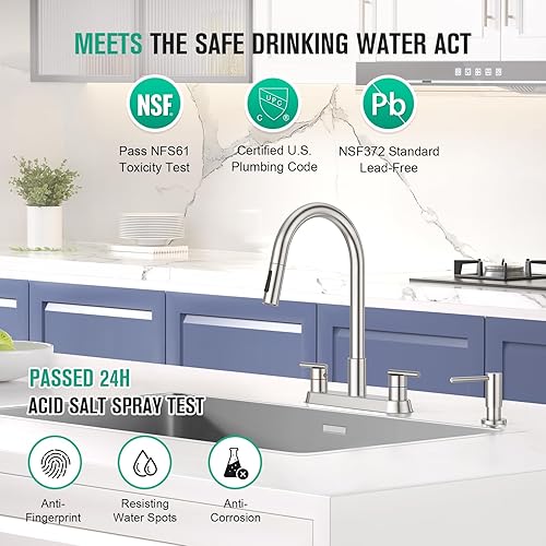 Miniatura 10 de CREA Grifo de fregadero de cocina, grifos de cocina extraíbles con rociador, 3 modos, grifo de lavandería de níquel cepillado, grifo de fregadero de