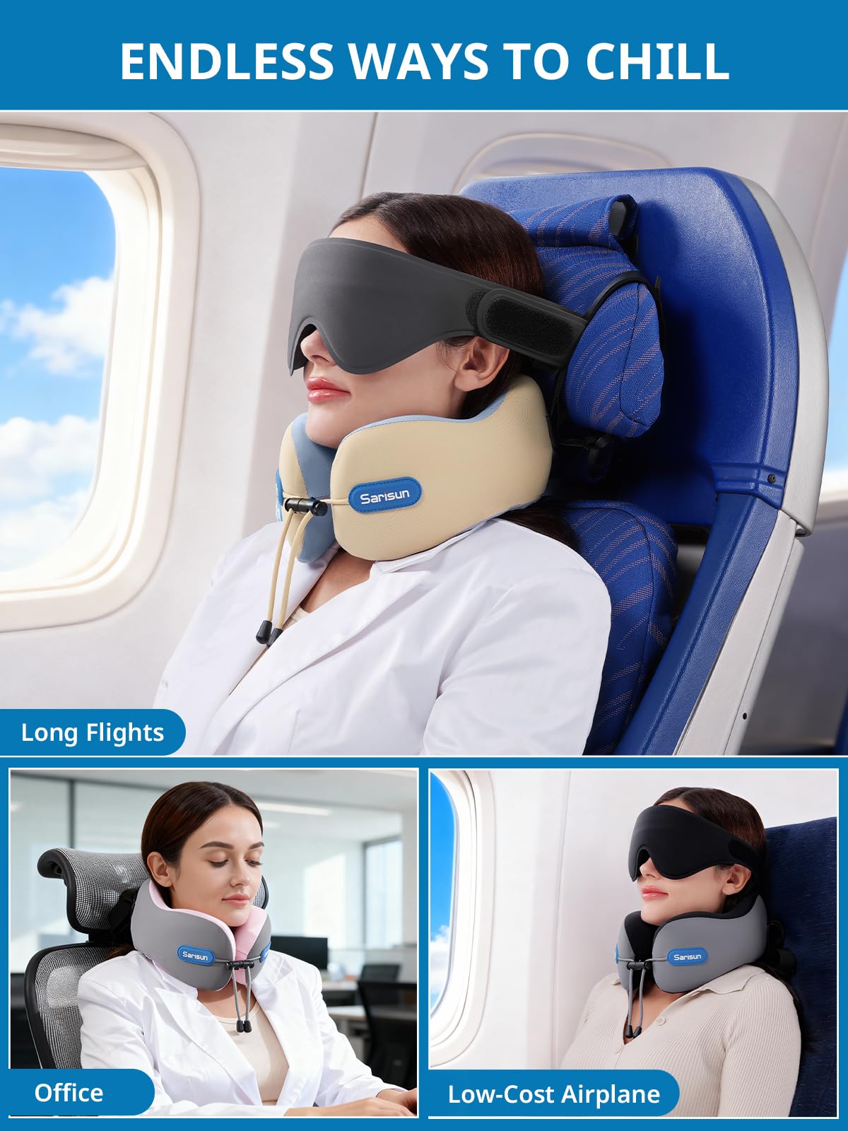 SARISUN Almohada de Viaje para Cuello, Cojin de Viaje Cuellos para Avión y Coche, Neck Travel Pillow, Viajes Accesorios Incluye Almohada Viaje Cuello Antifaz 3D para Dormir, Espuma Memoria Gris
