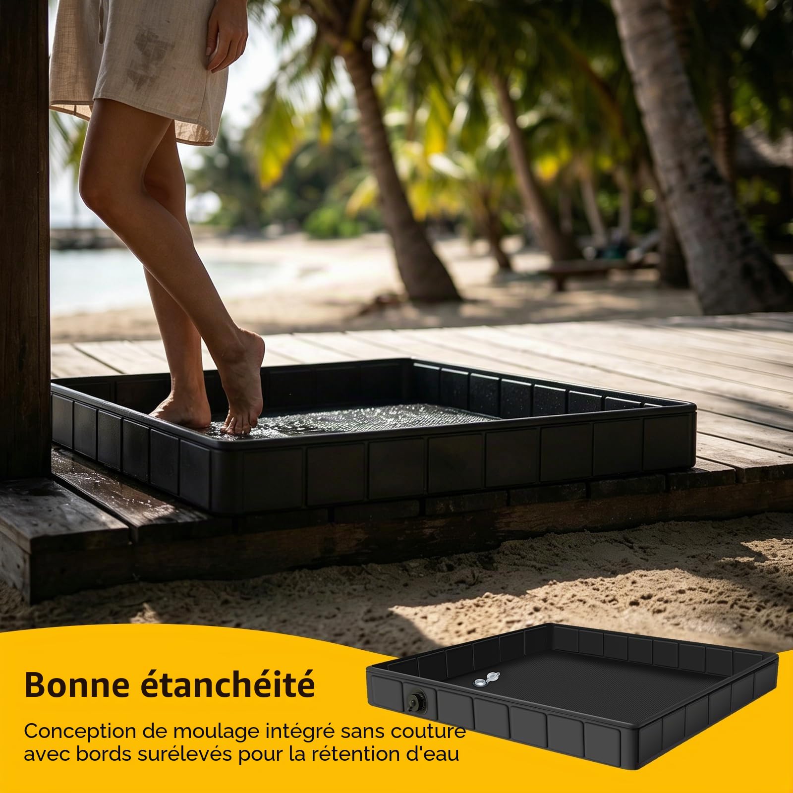 Pliable Base de Douche, 103x103x13cm Grand Bac de Douche avec 2 Trous d'évacuation, 1M Tuyau d'évacuation et Texture Antidérapante, Base de Douche pour Camping, Extérieur, Intérieur