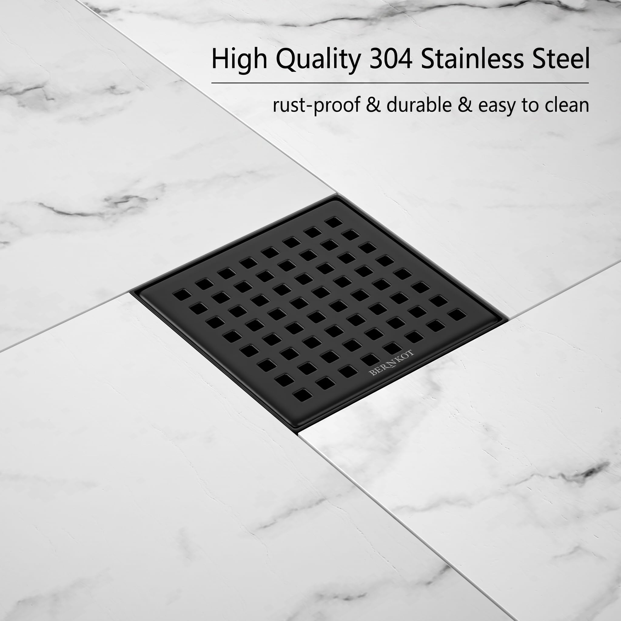 Caniveau de douche carré en acier inoxydable, 10 x 10 cm, avec siphon à 360° et filtre à cheveux, 2 adaptateurs de vidange DN50 DN40, caniveau d'écoulement plat, noir