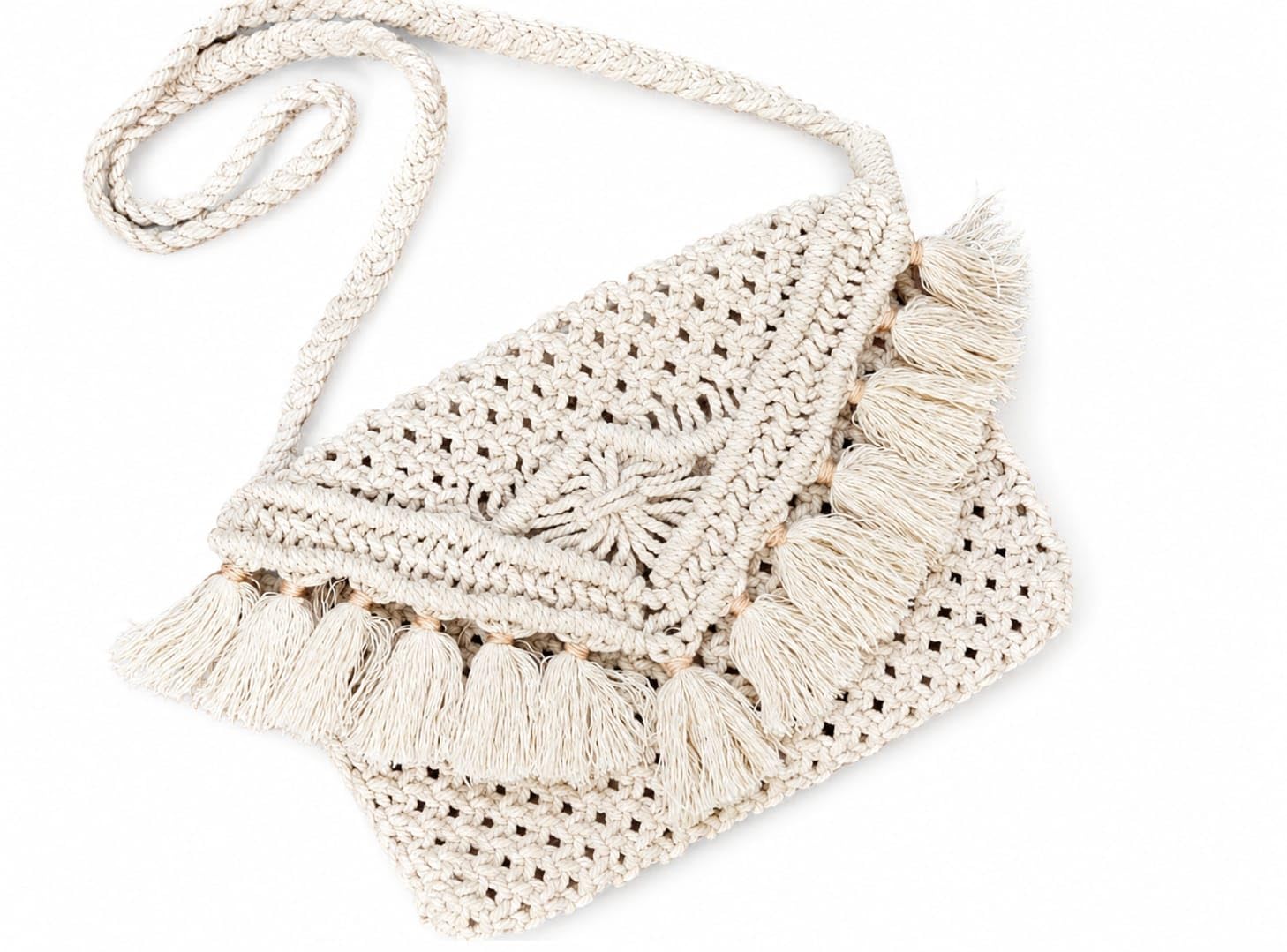 Handcrafted Cotton Macrame Sling Bag for Women | 8 x 8 Inches Boho Crossbody Shoulder Bag with Tassel Fringe | Woven Crochet Handbag | (Style 1)-picture-23