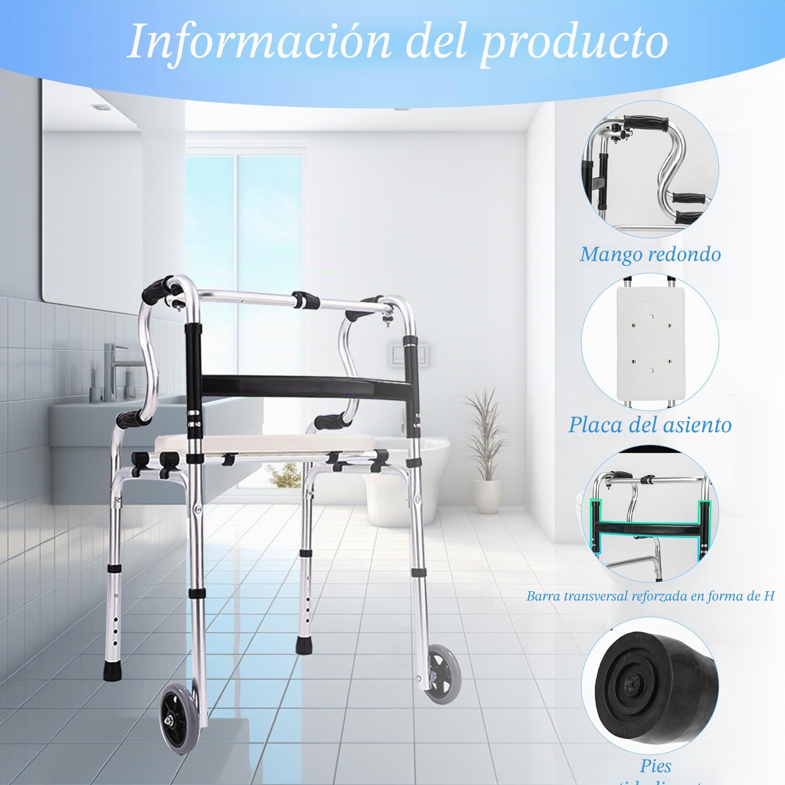 Andador para personas mayores, andador de aluminio regulable en altura con 2 ruedas giratorias, andadores plegables portátiles, andador con 6 posiciones de altura y asiento desmontable, hasta 150 kg