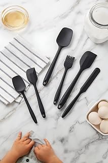 Deconox Silikon Mutfak Yardımcısı, 6 adet Silikon Spatula, Çorba Kaşığı, Fırın Fırçası, Spatula, Isıya Dayanıklı ve Yapışmaz, Paslanmaz Çelik ve Dikişsiz Tek Parça Tasarım Siyah-Gri-Kırmızı (SİYAH)