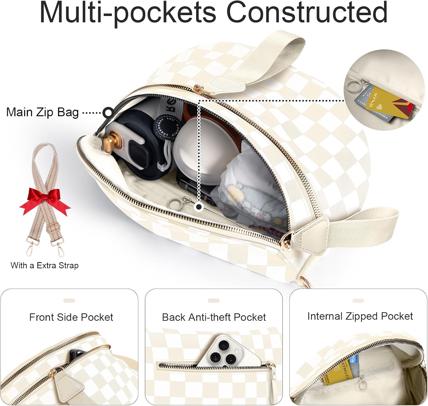 Bum Bags for Women Checkered Crossbody Bag Large Nylon Belt Purse Fanny Packs, Bonus with a Extra Strap