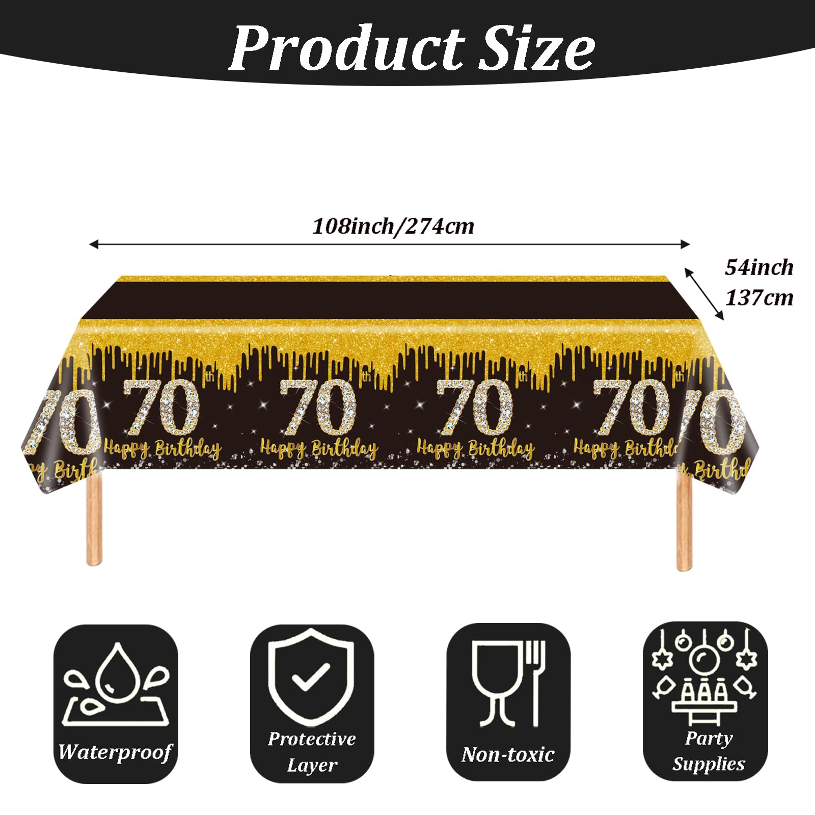 2 Pack 70th Birthday Tablecloths - Black Gold Disposable Plastic Table Covers 54x108 Inches